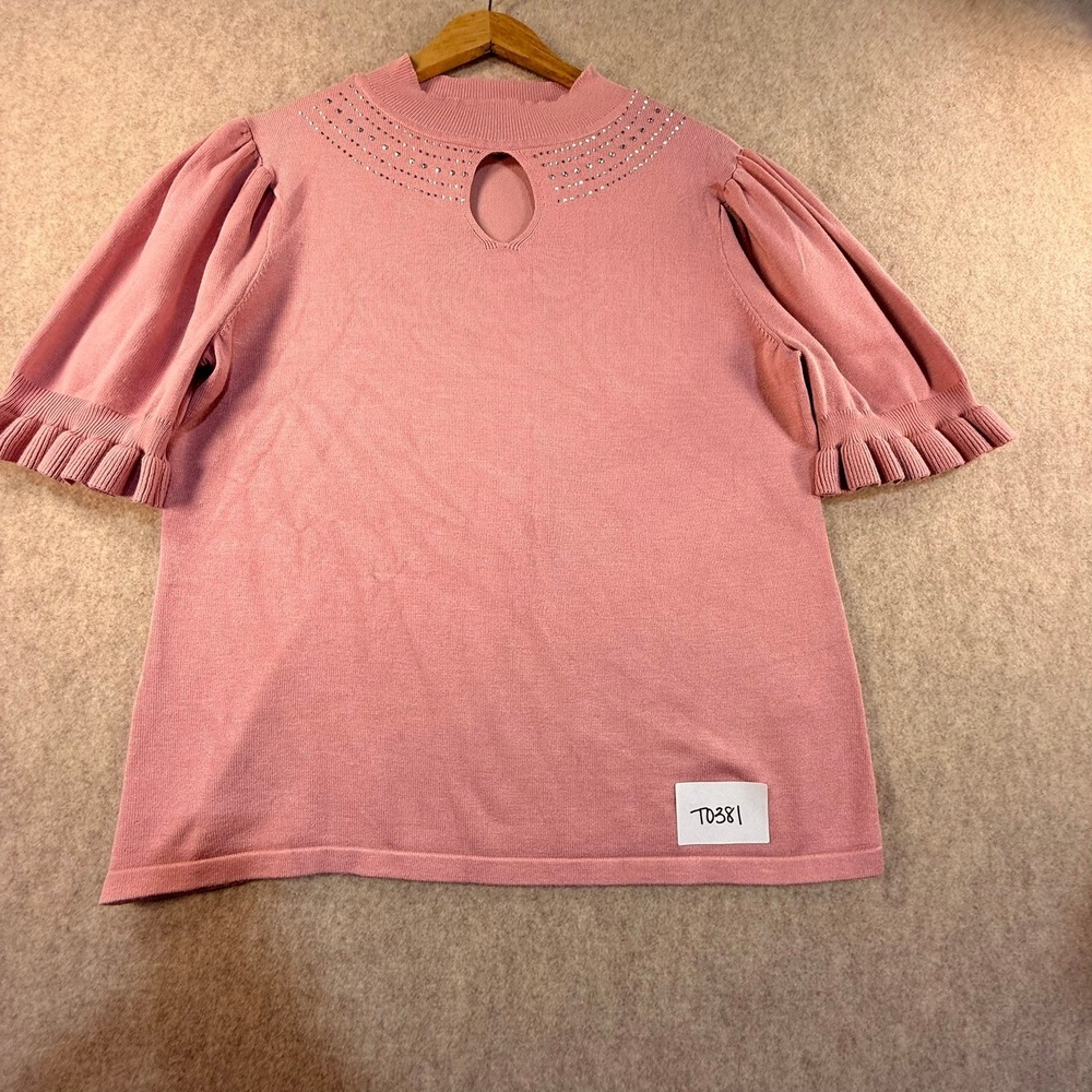 80‎ Park Womens XL Pink Short Sleeve Knit Sweater Rhinestone Keyhole Puff Sleeve